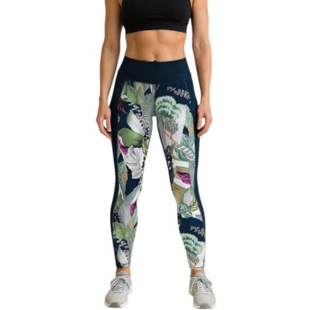 Athleta Oasis Contender Women's Leggings "Lagoon" Floral Print Teal Blue Size XS
